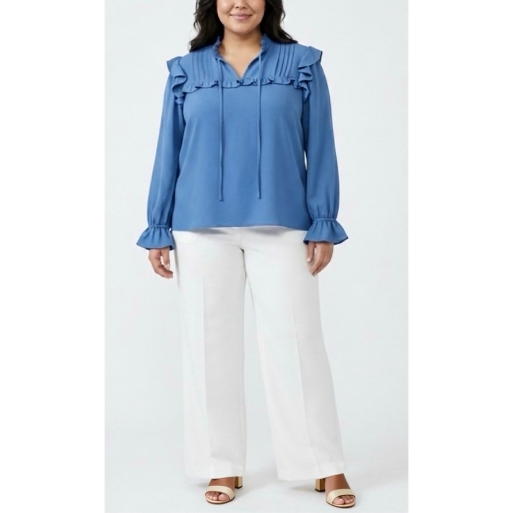CeCe Blue Ruffle Trim Pintuck Tie Neck Long Sleeve Blouse XL